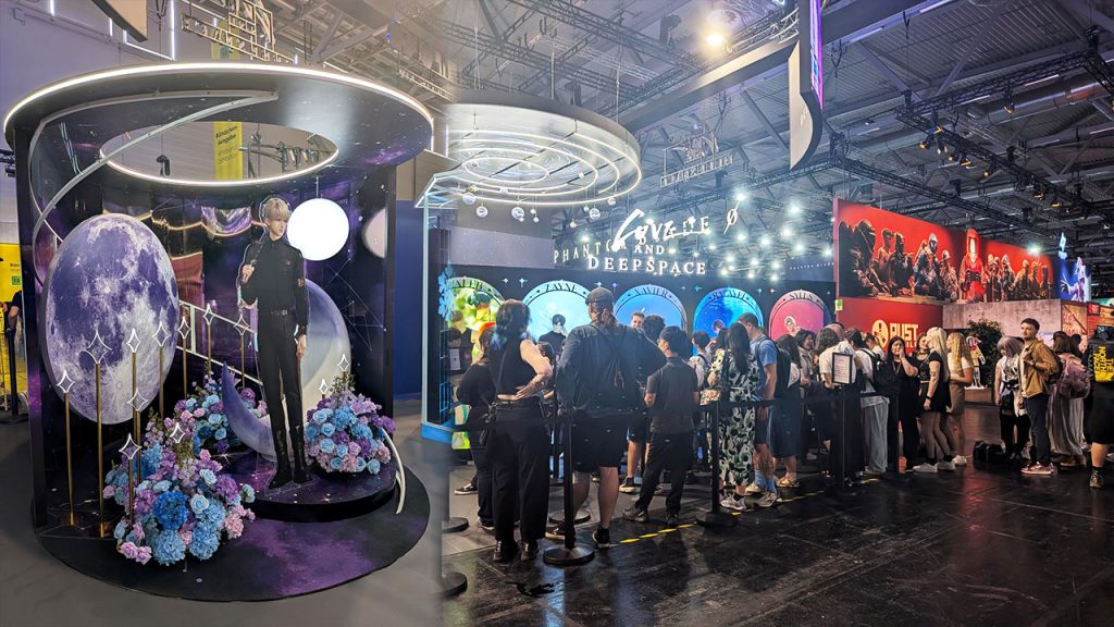 The photos show the booth of Love and Deepspace at Gamescom 2025.