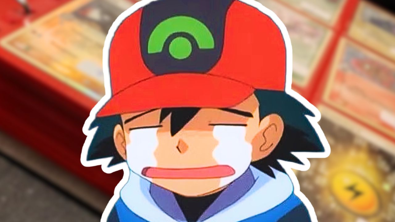 weinender Ash vor Sammelkarten