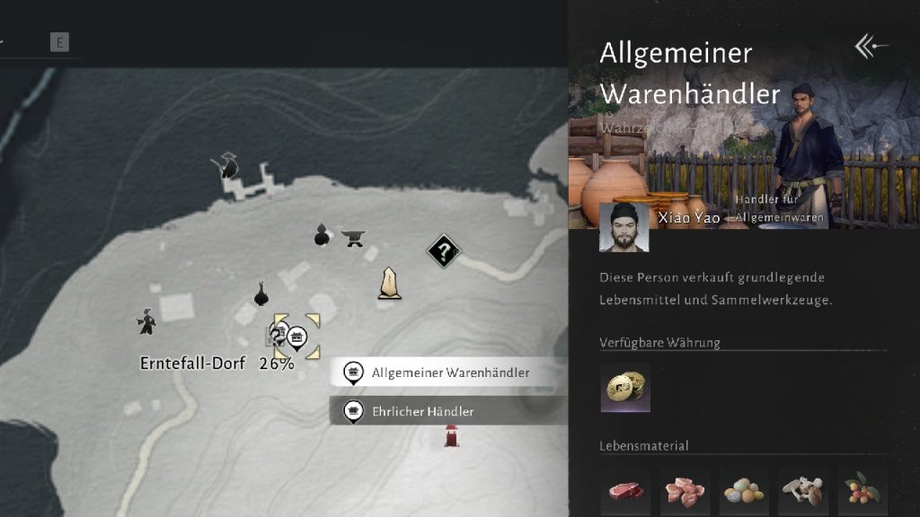Image guide showing where to find the general goods merchant in Harvestfall Village - Xiao Yao