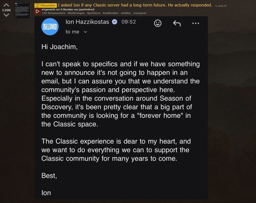 WoW Ion Hazzikostas Reply to Joachim