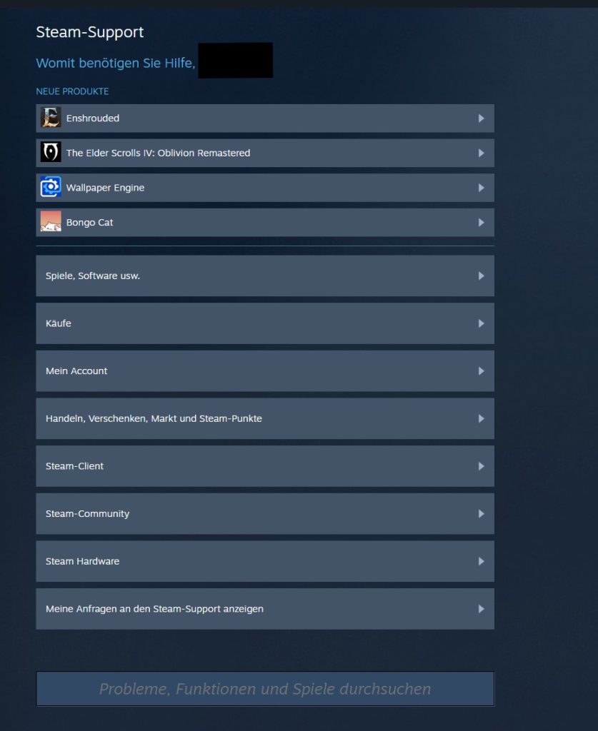 Steam Support Suchleiste