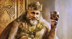 Key Art zu Old World, das einen reich verzierten König zeigt