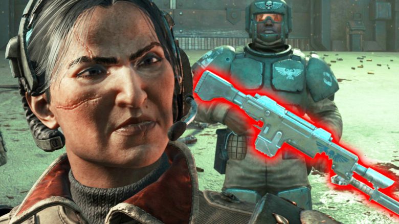 Warhammer 40k space marine 2 offizierin schaut auf lasguns titel