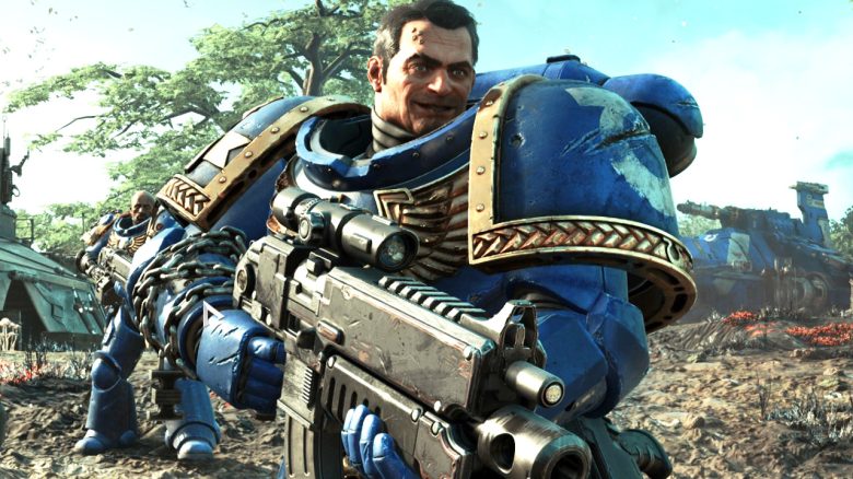 Warhammer 40k Space Marine 2 Titus mit Bolter in der Hand Titel