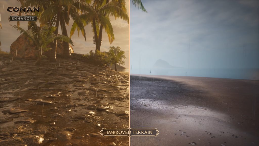Image shows a comparison between terrain in old and new engine