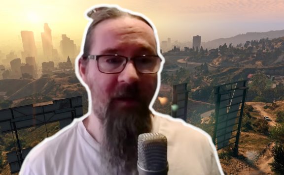 Der ehemalige Audio-Designer bei Rockstar Games, Rob Carr, vor einem Hintergrund aus GTA 5
