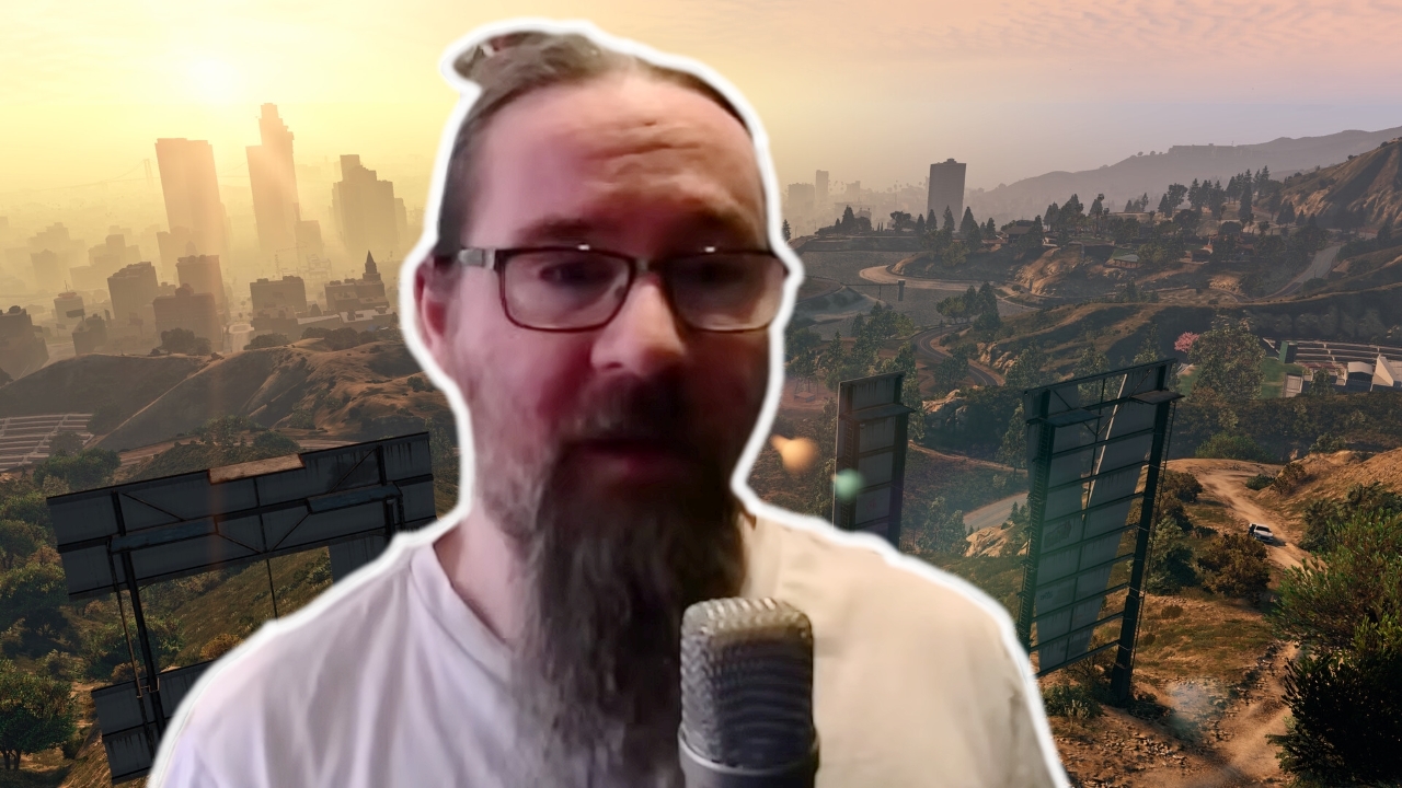 Der ehemalige Audio-Designer bei Rockstar Games, Rob Carr, vor einem Hintergrund aus GTA 5