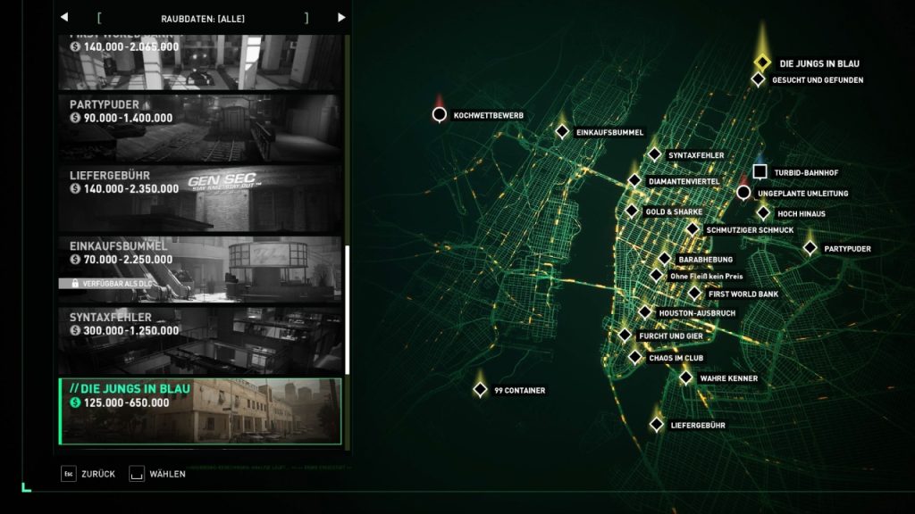 Bild zeigt die Missionsübersicht von PayDay 3