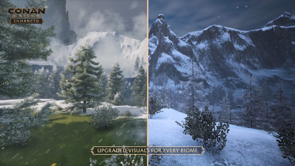 Bild zeigt Vergleich zwischen Wiesen und Schneegebiet in Conan Exiles