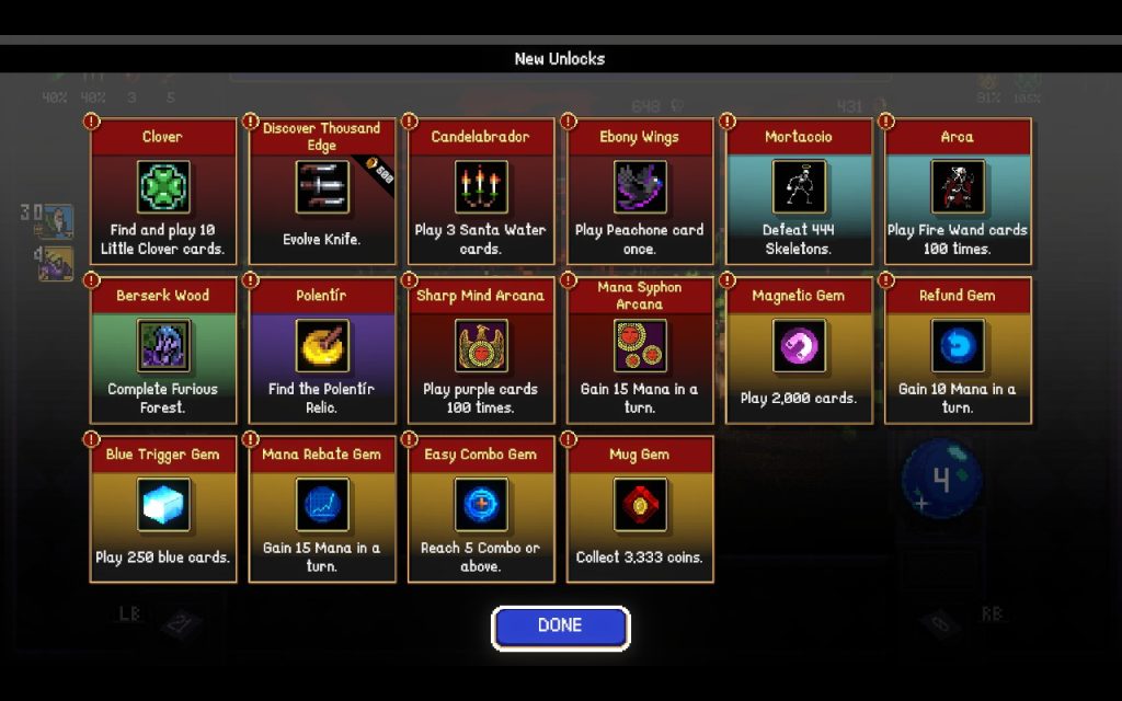 Das Bild zeigt eine Reihe von freigeschalteten Inhalten in Vampire Crawlers wie neue Waffen oder spielbare Figuren.