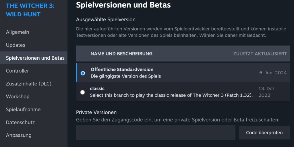 Witcher 3 alte Version Steam