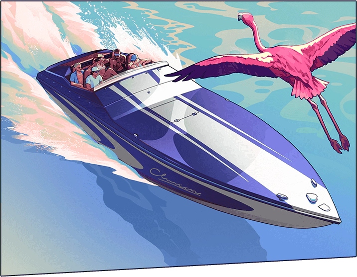 Speedboat and Flamingo