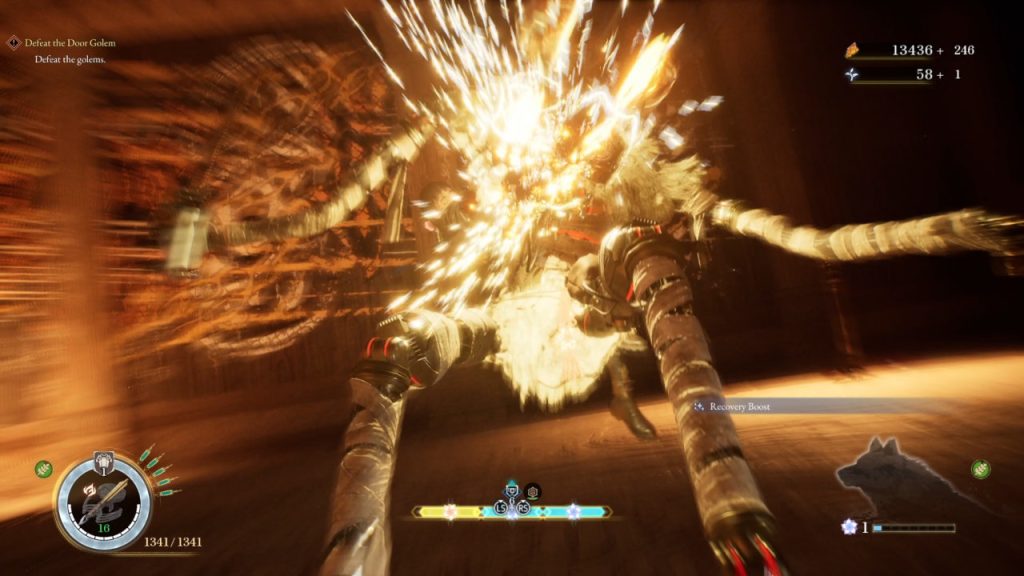 Screenshot from Beast of Reincarnation, showing Emma defeating a golem. Sparks fly.