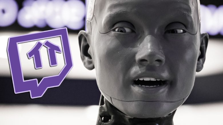 Roboter schaut auf das Twitch-Logo Symbolbild Collage
