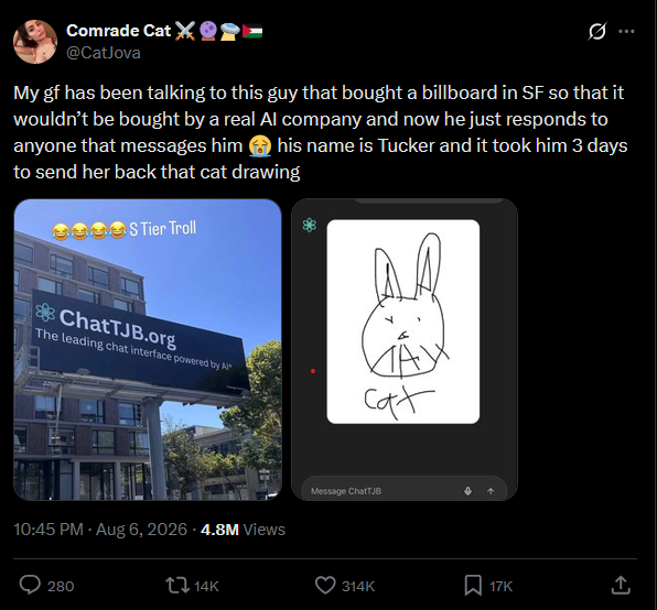 Screenshot of an X post showing the billboard and a drawing from ChatTJB.