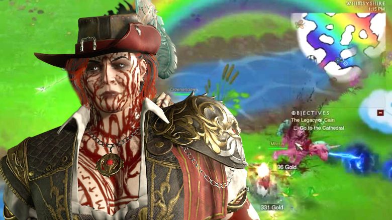 Diablo 4 Druidin schaut auf Whimsyshire regenbogen level titel