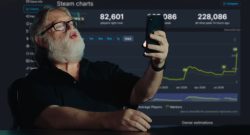 Gabe Newell mit Kussmund vor Steam Charts Collage