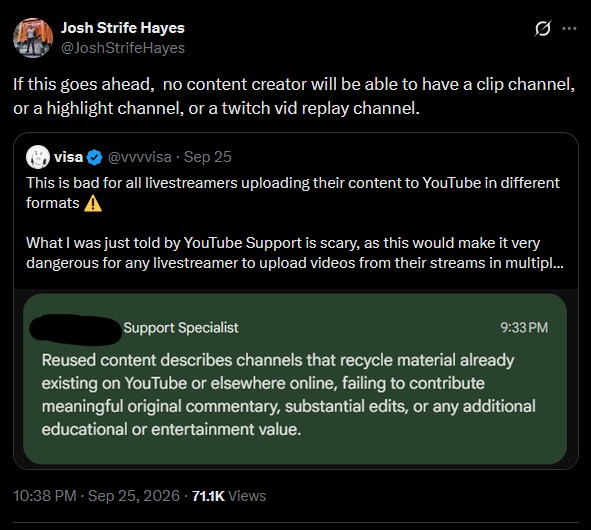 X-Post von Josh Strife Hayes über eine mögliche Regel-Verschärfung von YouTube.