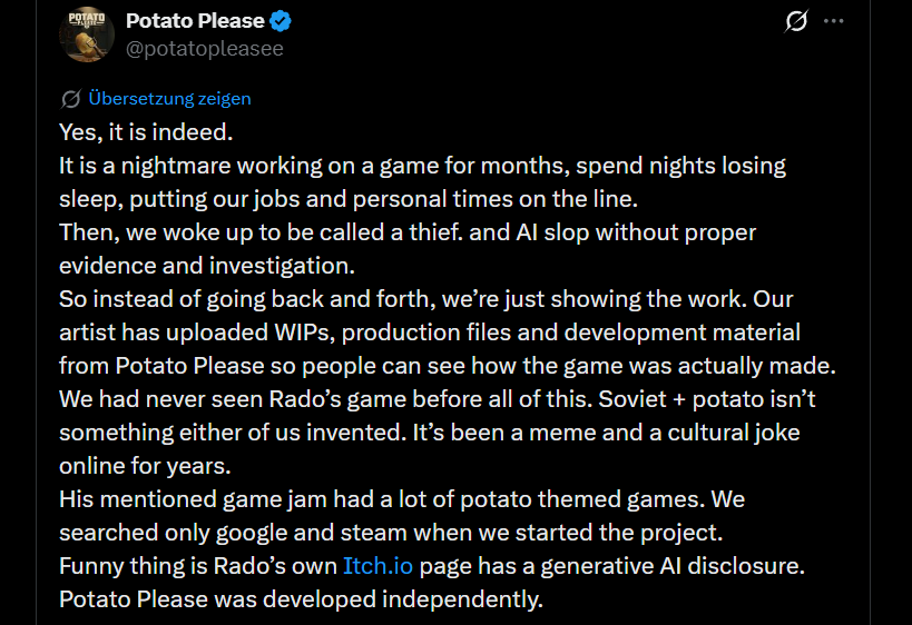 Potato Please Entwickler Statemen zu Klon-Vorwürfen