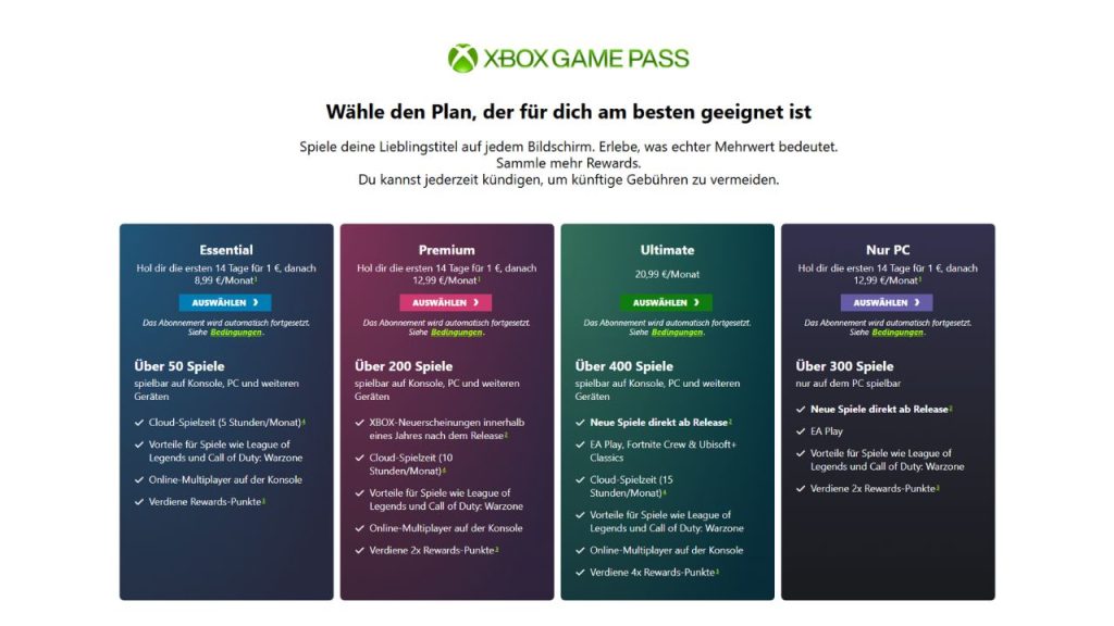 Xbox Gamepass Modelle
