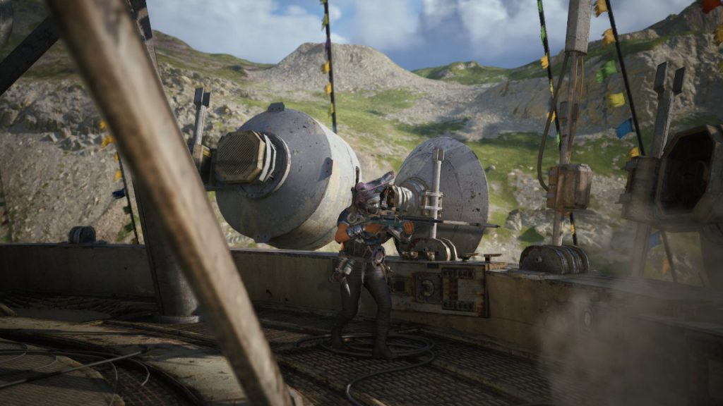 ARC Raiders Im Kampf mit einem Rocketeer nimmt ein Raider sein Ziel ins Visier