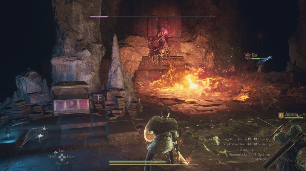 Dragon's Dogma 2: In einer Höhle begegnet meine Gruppe einem untoten Magier. Er hatte sich in einer Kiste versteckt.
