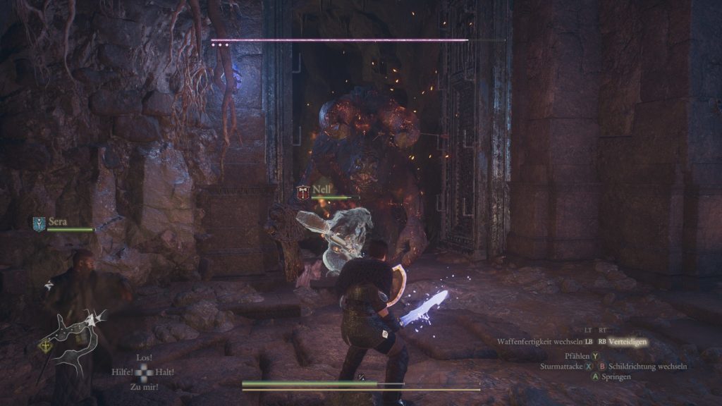 Dragon's Dogma 2: Ein Minotaurus versperrt meiner Gruppe den Weg. Mit Feuer lässt er sich aber leicht erledigen.