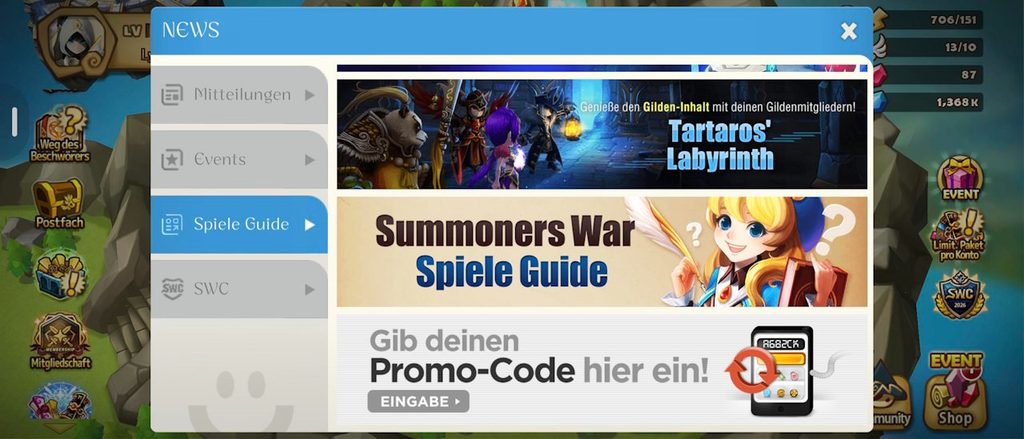Summoners Wars Promo-Code Menü